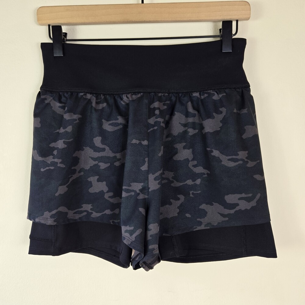Spanx Womens Shorts M Black Camo Get Moving Layered Activewear Workout Pants